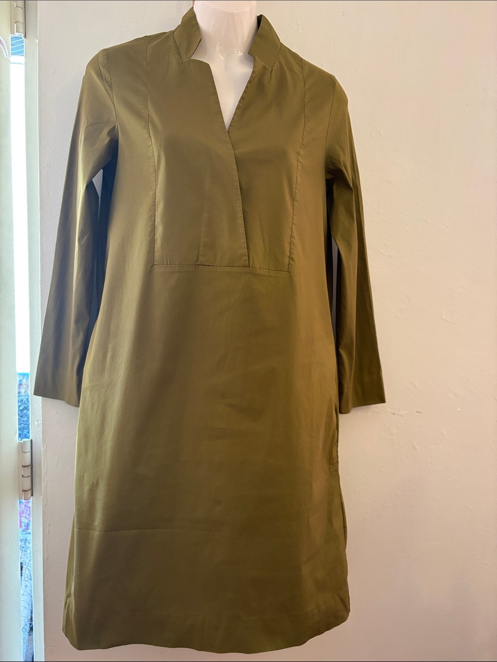 COS Olive-Toned Long Sleeve Shift Dress. Cotton